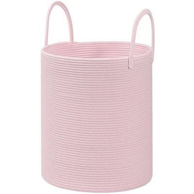 Cotton Rope Storage Basket with Handles, Large 60L Collapsible Laundry Hamper for Clothes, Sturdy Nursery Organizer Blanket Basket for Living Room,Toy Bin for Kids Bed Room,15"x15"x18",Pink