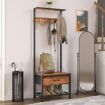 LUMTOK Hall Tree with Shoes Bench Storage,Small Coat Rack with Drawers | 4 in 1 Narrow Hall Tree with shoes storage & fabric drawers,Entryway organizer with coat rack for closet,hallway,bedroom,