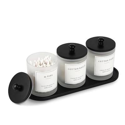 3 Pack Qtip Holder - Bathroom Organizers and Storage, Cotton Round Swab Holder Dispenser Cotton Ball Holder with Tray, Glass Apothecary Jars with Lids, Floss Pick Containers - ms black