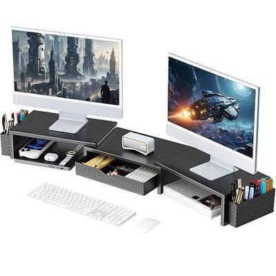 gianotter Dual Monitor Stand Riser, Desk Organizer With Drawer and 2 Pen Holders, Computer Monitor Stand, Desk Shelf for Top of Desk (Black)