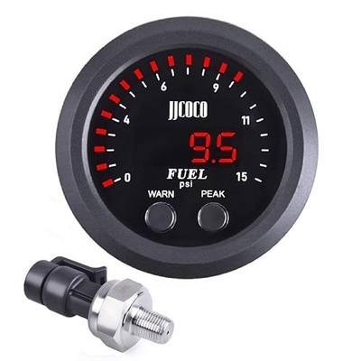 Universal Fuel Pressure Gauge 2‑1/16in 52mm Ultraslim 15PSI Red LED DC12V-24V with Alarm and Electronic Sensor for Car & Truck