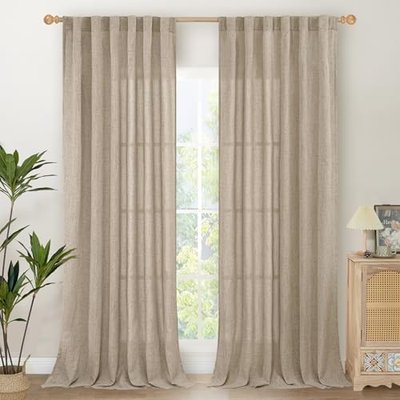 YoungsTex Rustic Linen Curtains for Living Room Window - 72 Inches Long Light Filtering Drapes with Back Tab Rod Pocket Semi Sheer for Country Bedroom, 2 Panels, 52 X 72 Inch