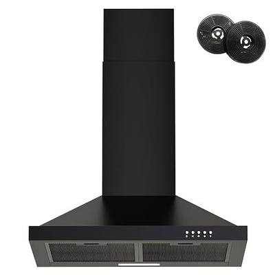 FIREGAS Range Hood 24 inch Wall Mount Type with Ducted/Ductless Convertible,450 CFM Stainless Steel Chimney-Style Kitchen Hood, Over Stove Vent Hood with 3 Speed Fan,Charcoal Filters,Black