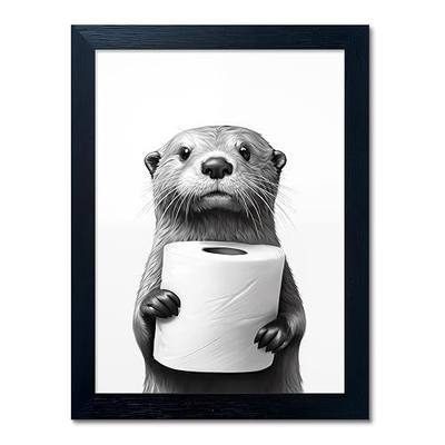 Bathroom Picture Wall Decor, Framed Black and White Bathroom Wall Art, Toilet Paper in Little Funny Raccoon's Hand Animal Canvas Print Painting