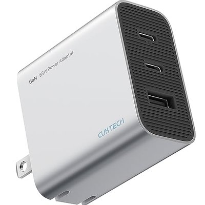 CUKTECH 65W USB C Charger, GaN III PD Fast Charger, PPS 3-Port Compact Foldable Adapter Compatible with MacBook Pro/Air, Dell XPS 13, iPhone 16/15Pro, Switch, Steam Deck, Galaxy S24 (Silvery, 3-Port)