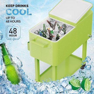 VINGLI 80 Quart Rolling Ice Chest, Portable Patio Party Bar Drink Cooler Cart, with Shelf, Beverage Pool with Bottle Opener Light Green