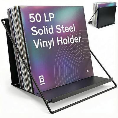 Vinyl Record Storage Rack - Record Holder for 50 LPs, Black | Solid Steel Powder-Coated Finish - Patented Fold-Flat Frame - Minimalist Now Playing Album Display Stand & Crate Alternative