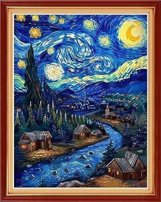 Foxdiviy Stamped Cross Stitch Kits for Beginners Full Range of Cross Stitching 11 CT Printed Cross Stitch Kits for Adults Cross Stitch Patterns Needlepoint Kits-Van Gogh's Star River 16x20 inch