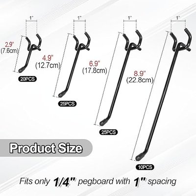 80 Pack 2/4/6/8 inch Heavy Duty Pegboard Hooks,Extra Thick 1/4" Black Peg Board Hooks for Hanging, Pegboard Accessories for Garage, Kitchen, Gym, Store Wall Organizer