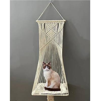 Macrame Hanging Cat Hammock Cat Swing Bed for Indoor Cats, Boho Cats Perch Bed for Sleeping, Playing, Climbing, and Lounging (Beige)
