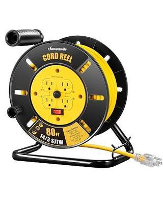 DEWENWILS Retractable Extension Cord Reel, 80FT Heavy Duty Open Cord Reel for Indoor Outdoor, 14/3 AWG SJTW, 4 Grounded Outlets, 13 Amp Circuit Breaker,Handle Rewind, Metal Stand, ETL Listed