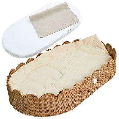 BEBE BASK Premium Baby Changing Basket - Artisan-Crafted Scalloped Rattan - Changing Basket for Baby Dresser - All Accessories Included - Complete Set for Nursery (Mocca)