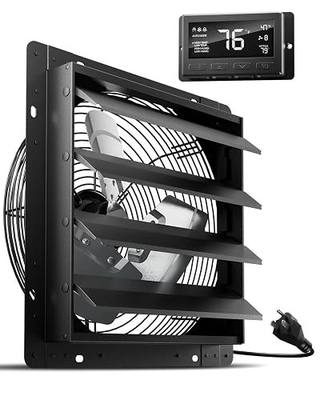 HG Power 14 Inch Attic Fan with Thermostat, Shutter Exhaust Fan with Smart Temperature Humidity Controller, Wall Mounted Greenhouse Fan with EC Motor for Garage, Shed Ventilation, Black