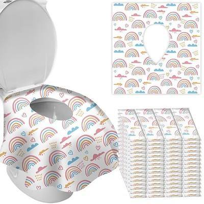 DEEKI 60 Pack Toilet Seat Covers Disposable, Safe No-Slip Waterproof for Kids Toddlers Use in Potty Training Public Restrooms Toilets, Portable Clean Covers for Adults Travel -Rainbow (60 Count)