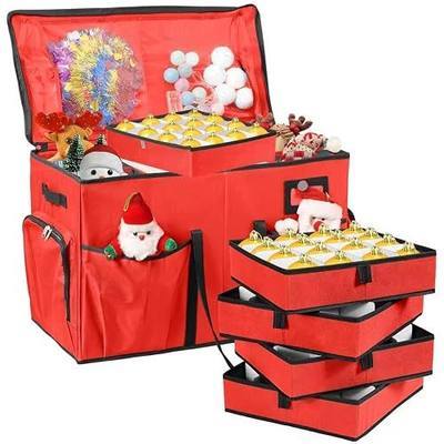 Christmas Ornament Storage Box,2-in-1 Christmas ornament organizer&Christmas Figurine Container,5 Trays,6 Adjustable Christmas Figurine Storage Grids,Red
