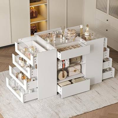 LIVAUVEAD Closet Island with 12 Drawers, Glass Top & Display Shelves, White | Wardrobe Armoire Bedroom Island, White Dresser with Glass Display Shelf, Walk-in Closet Island for Bedroom, Cloakroom
