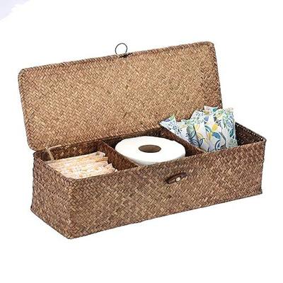 Sumnacon Extended Seagrass Storage Basket with Lid 3-Section Wicker Storage Basket,Small Woven Shelf Basket for Toiletries Tampon Storage,Seagrass Basket for Shelf Bathroom Toilet Counter,Coffee
