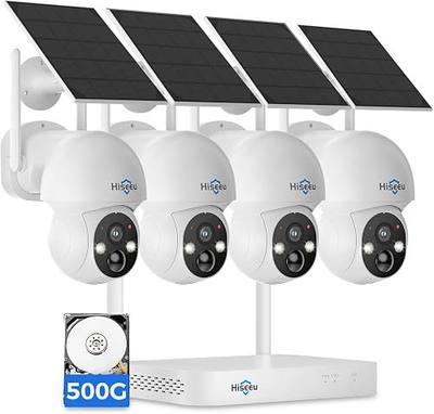 Hiseeu Solar Camera Wireless Outdoor, Home Security Camera System,500GB HDD | 2.4G & 5G WiFi, Solar-Powered, 4MP, 4 Cam-Kit, Color Night Vision, 360° View, Pan & Tilt, Local Recording, No Subscription