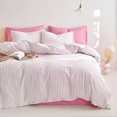 Wake In Cloud - Striped Cotton Duvet Cover Set, Ticking Stripe Vertical Pinstripe Farmhouse, 100% Washed Cotton Textured Bedding Set, 3 Pieces, Pink White, Queen Size