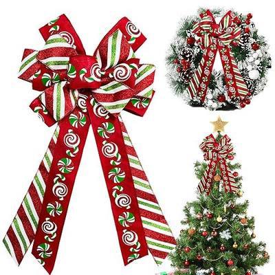 Large Christmas Bows for Wreath, Red Green Candy Cane Wreath Bow for Christmas Décor Winter Bow for Front Door Indoor Outdoor Wall Tree Topper Decoration Supplies Xmas Hanging Ornament