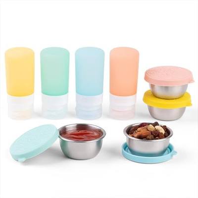 MICEBAY 8-Pack Salad Dressing Container To Go, 2-oz Silicone Small Condiment Squeeze Bottles and 1.6 oz Stainless Steel Sauce Containers Cups, Leakproof Condiment Containers with Lids for Lunch Box