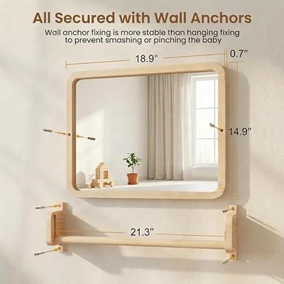 Woodtoe Montessori Mirror with Bar, Adjustable Baby Pull to Stand Toys, Natural Unpainted Solid Wood Frame & Baby Pull Up Bar, Infant Coordination Toddler Mirror, Developmental Toys for 6-18 Months