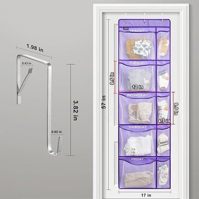 Weekly Clothes Organizer for Kids, Monday to Friday Hanging Closet Organizer, 5-Shelf Large Capacity School Storage with Side Pockets, Purple (Quantity 1)
