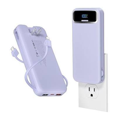 aonidi Portable Charger 12000mAh with Built-in Cables&AC Wall Plug, Purple | PD20W USB C Fast Charging,LED Display External Travel Power Bank,TSA approved Battery Pack for All iPhone,Samsung,Android