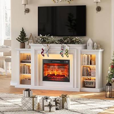 72" LED Lights Electric Fireplace with Mantel, Fireplace TV Stand for 80 Inch TV, Entertainment Center with Red Brick Fire Place Insert for Living Room, White