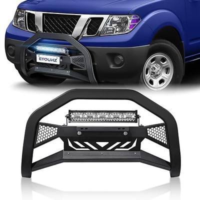 for Frontier Bull Bar Front Brush Guard with LED Light Bar & License Plate Frame Compatible with 2005-2021 Nissan Frontier, Truck Guard Grille Bumper Push Bar (Include Light Mount & Skid Plate)