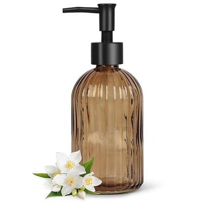 13.5oz Stripe Glass Soap Dispenser with Black Plastic Pump, 400ml Liquid Hand Soap Dispenser, Rustproof Pump for Kitchen & Bathroom, Great for Lotions, Essential Oil, Liquid Soaps-Amber