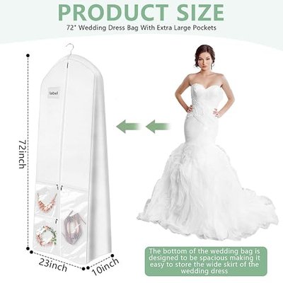 Bridal Wedding Garment Bag Cover Protector 72'' Long White Gown Dress Clothes Storage with 10'' Gusseted and Accessories Pouch for Women Travel Closet Prom