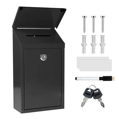 CHONOVO Metal Cash Box 10.2" with 2 Magnetic Whiteboard, Black Money Box | 2 Reusable Magnetic Board, 1 Dry-Erase Marker, Waterproof Lid, 3.94in Slot, Wall-mounted, 3 Keys for Farm Stands & Donation