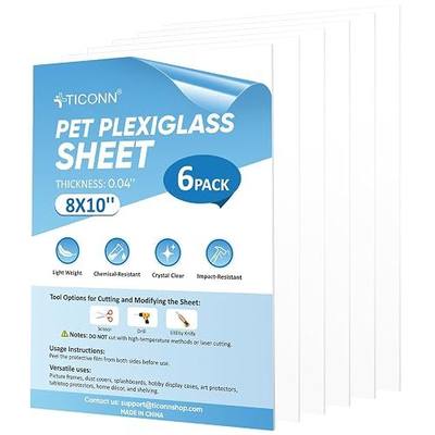 TICONN 6PK 8" x 10" PET Plexiglass Sheets, Clear Plastic Sheet, Easy to Cut Thin Flexible PET Plastic Sheeting Panels for DIY Art Projects, Crafts, Picture Frames, Signs