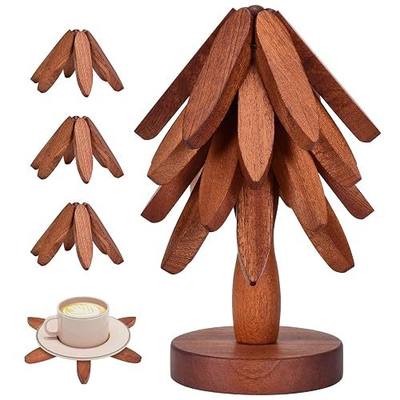 Wooden Trivets for Hot Dishes - Christmas Tree Coasters Set, Tree Shape Trivet With Stand, 4 Pieces + 1 Stand (Walnut Wood, 8.7)