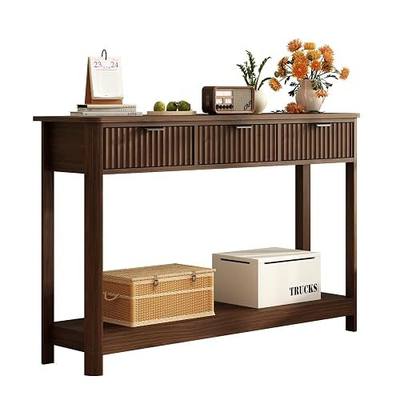RUSTOWN Fluted Wood Console Table with 3 Drawers, 47.2" Boho Entryway Table | Narrow Behind Couch Sofa Table, Open Storage Shelf, Curved legs, 2 Tier Modern Farmhouse Hallway Table for Living Room, Foyer
