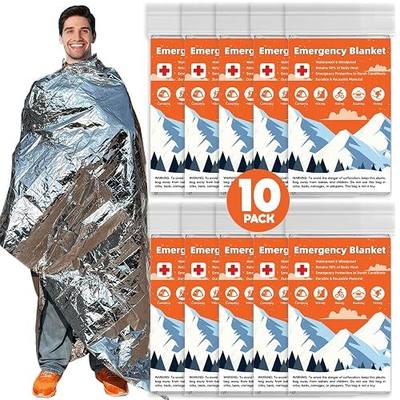 Emergency Mylar Blankets, Survival Space Blanket, 10 Pack | 10 waterproof Mylar emergency blankets reflect up to 90% body heat for camping, hiking, first aid and survival kits