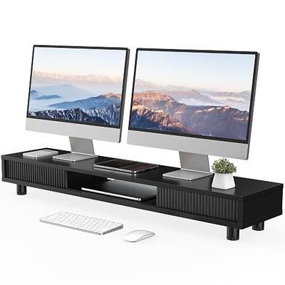Fenge Dual Monitor Stand with Storage, Desk Shelf with Glass Sliding Door | Ergonomic Height Adjustment, 42.5in Monitor Shelf, 2-Tier Monitor Riser, Desk Organizer for Screen, PC, Laptop, Balck