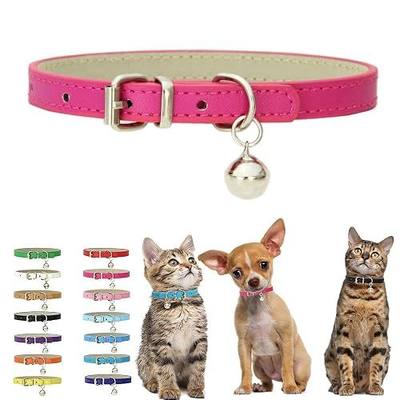 Hot Pink Puppy Collar with Bell Pets Small Cats Teacup Yorkie X-Small | Soft Pu Leather Kitten Dog Collars Adjustable Buckle for XXS XS Extra Small Medium Tiny Female Male Boys Girls