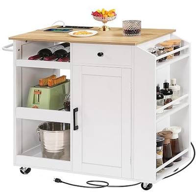 MAHANCRIS Kitchen Island with Power Outlet, Kitchen Storage Island with Drawer, Rolling Kitchen Cart on Wheels, Spice Rack, Towel Rack, Wine Rack, for Dining Room, White and Natural KINW122E01N1