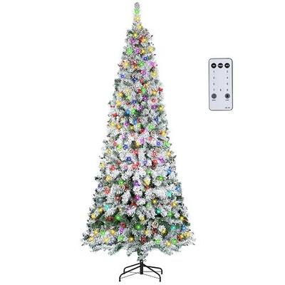 NALONE 7FT Pre-Lit Snow Christmas Tree with Remote Control and Timer, Snow Flocked Artificial Pencil Christmas Tree with 798 Tips, Pinecones Red Berries, 9 Lighting Modes (Snow Pencil Tree, 7 FT)