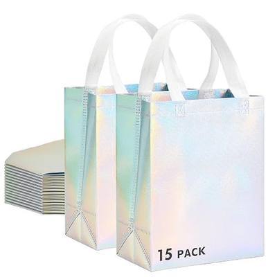 RACETOP 15 Pcs Iridescent Glossy Gift Bags Medium Size, 8x4x10 Inch Holographic Reusable Gift Bags with Handles, Ideal for Birthday, Wedding, Bachelorette, Party Favors, Holiday Goodie