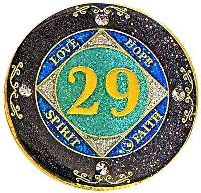 Simply Minimal (1-50 Years) NA Year Crystals and Glitter Medallion, Golden Color Plated Coin, Black Rainbow, Blue Glitter and Four Clear Crystals