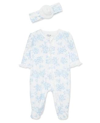Little Me Clothes for Baby Girls 100% Cotton 2Pc Zipper Closure Footie and Headband Set, Baby Essentials
