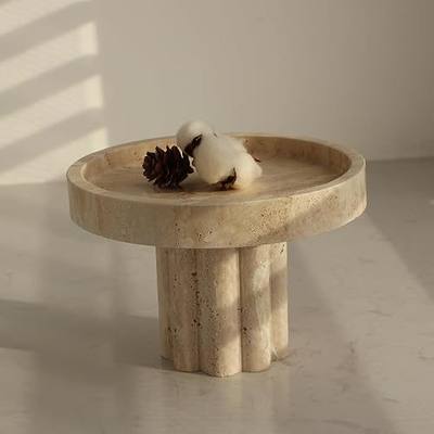 Natural Travertine Tray with Leg, Round 7.1" Vanity Decorative Tray for Countertop Organizer, Catchall Tray for Perfume, Candles, Jewelry Dish