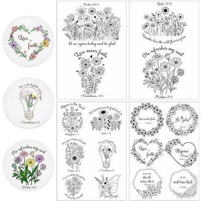 Rngmsi 4 Sheets Bible Flower Water Soluble Embroidery Patterns Stick Stitch | 16 Pcs Christian Embroidery Transfer Patterns, Stick and Stitch Stabilizers for Hand Sewing