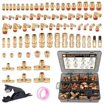 CheeMuii 76 Pcs Brass DOT Air Line Fittings Kit Push Lock Air Fittings Push to Connect Fittings NPT Thread & Quick Connect Air Hose Fittings for DOT Air Line Air Hose Pneumatic Tubing