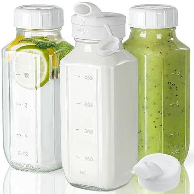 Syntic 3 Pack 16 Oz Glass Juice Bottles with Lids & 2 Pour Spouts | Clear Reusable Glass with Measurement Marks for Glass Water Bottles,Juicing Containers,Breast Milk Storage and Daily Use