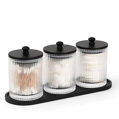 eggs sound 3 Pack Qtip Holder - Bathroom Organizers and Storage, Cotton Round Holder Floss Pick Cotton Ball Swab Holder with Tray, Glass Apothecary Jars with Lids Container Set -sw clear b