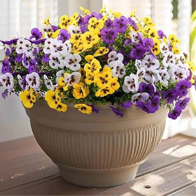 Rowfad 18 Pcs Artificial Fake Pansy Flowers for Outdoor, Faux Silk Pansies Spring Flowers for Outside for Planter Front Door Porch Yard Patio Window Box Home Decor (18, Purple, Yellow, White)